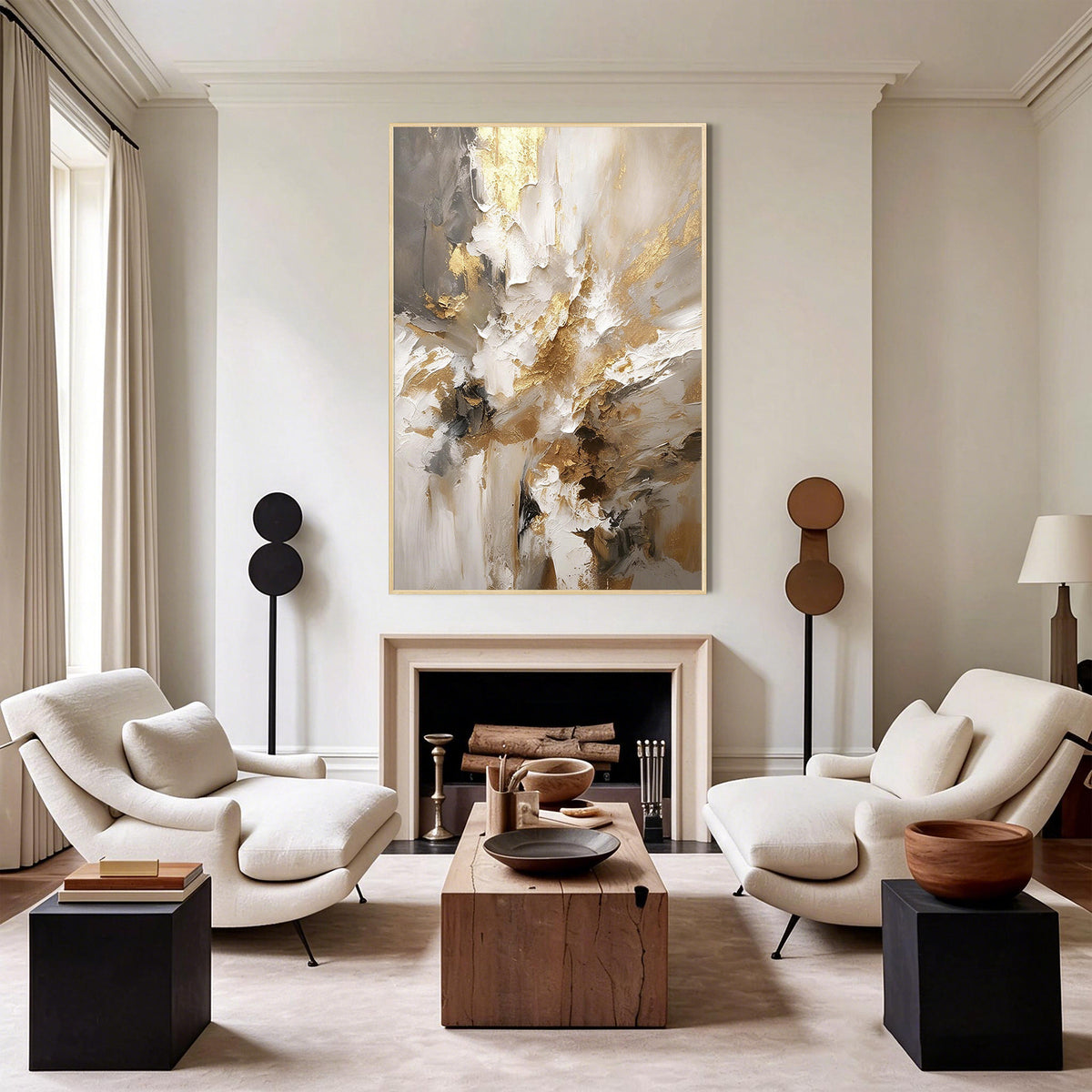 Gold Beige Textured Abstract Hand-Painted Oil Painting