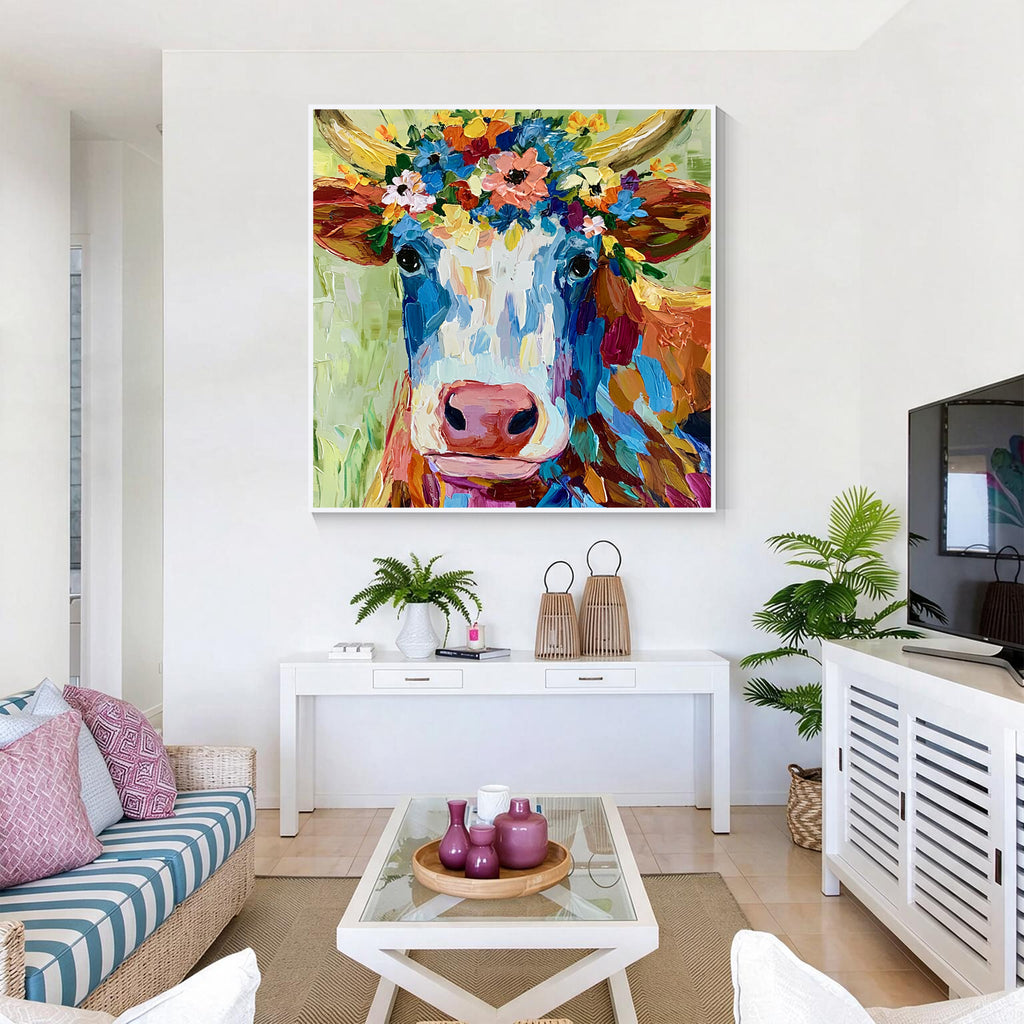 Colorful Floral Crown Cow Canvas Wall Art