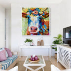 Colorful Floral Crown Cow Canvas Wall Art