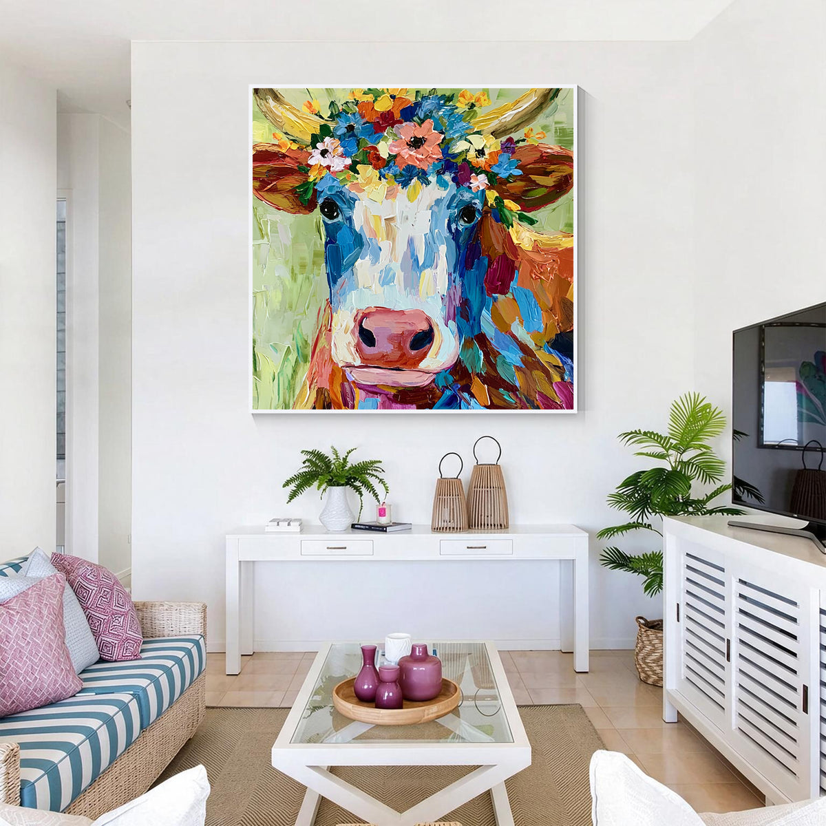 Colorful Floral Crown Cow Canvas Wall Art