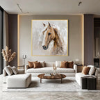 Abstract White Horse Oil Painting, Neutral Beige Textured Wall Art