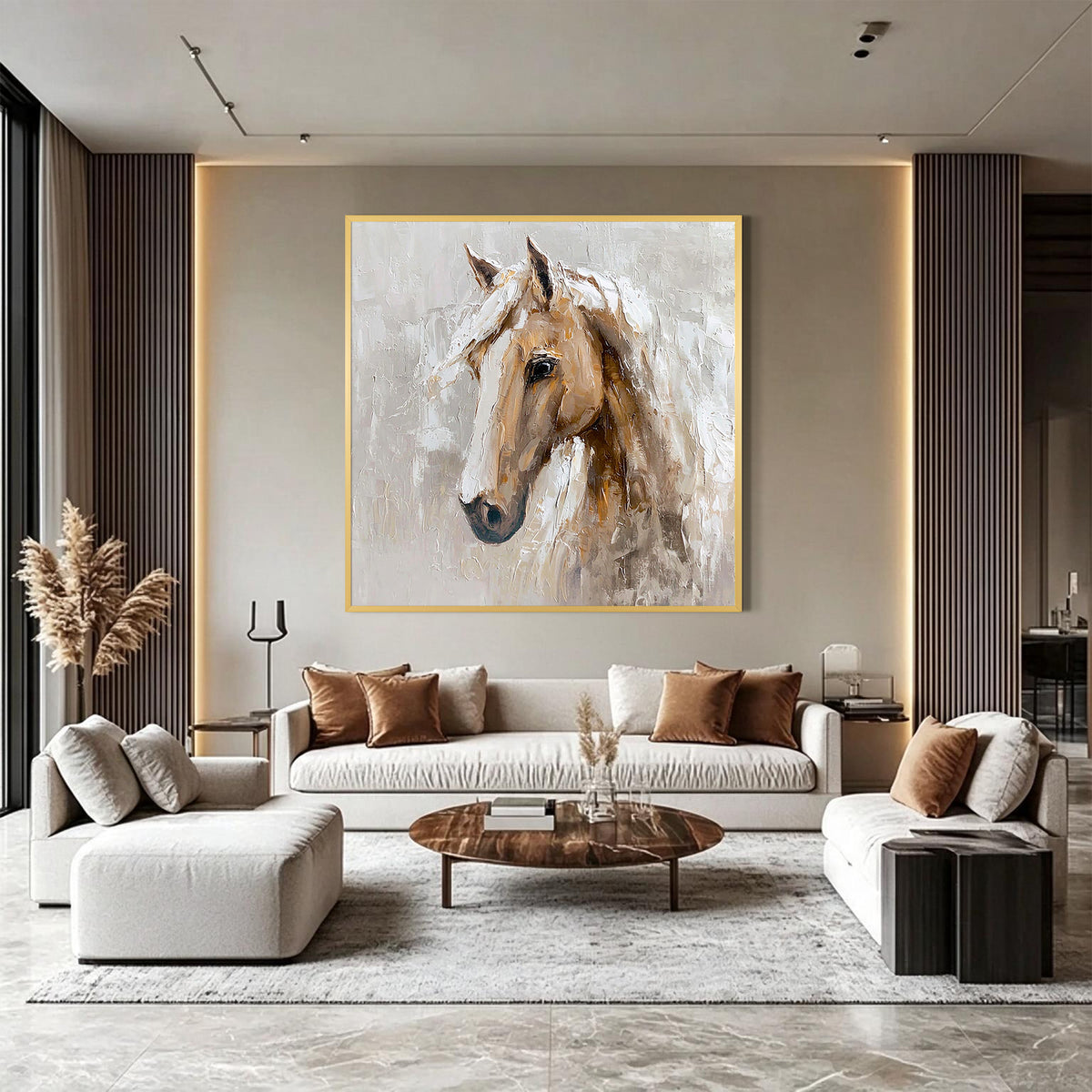 Abstract White Horse Oil Painting, Neutral Beige Textured Wall Art