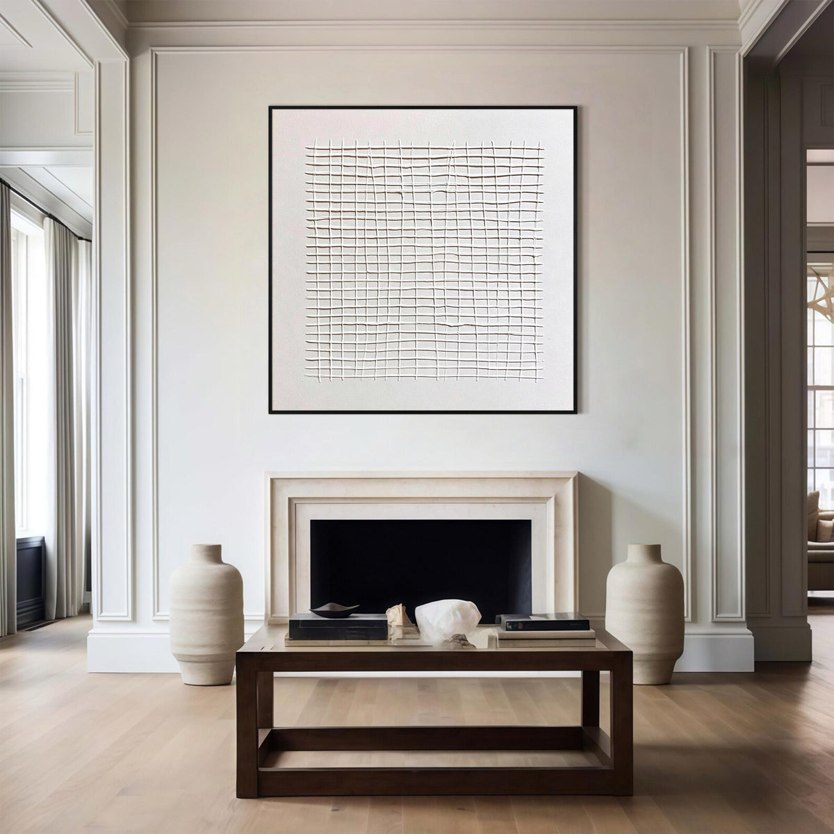 White Abstract Grid Textured Canvas Wall Art