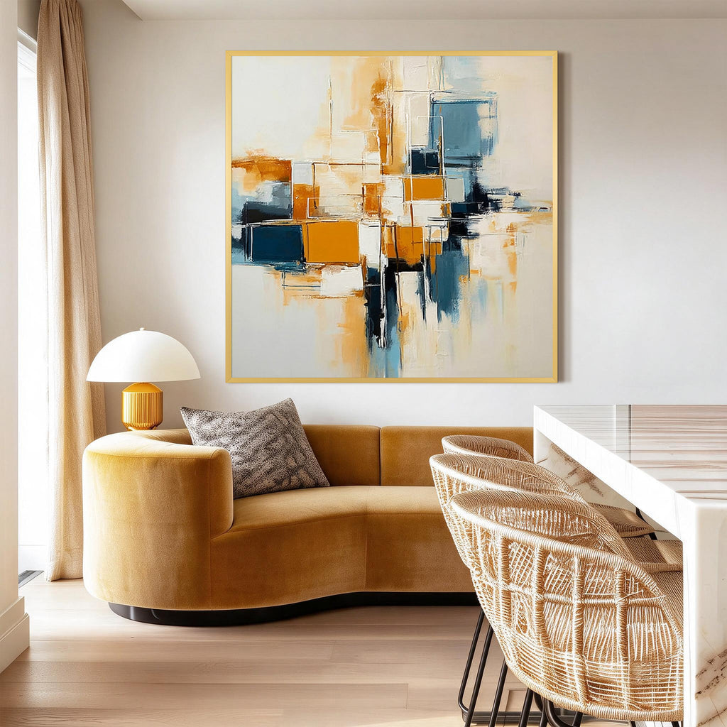 Abstract Geometric Oil Painting, Blue & Orange Modern Wall Art