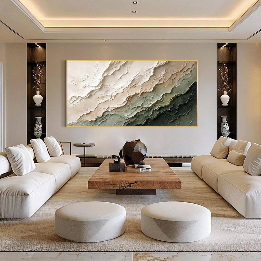 Modern Abstract Green and Beige Textured Canvas Wall Art