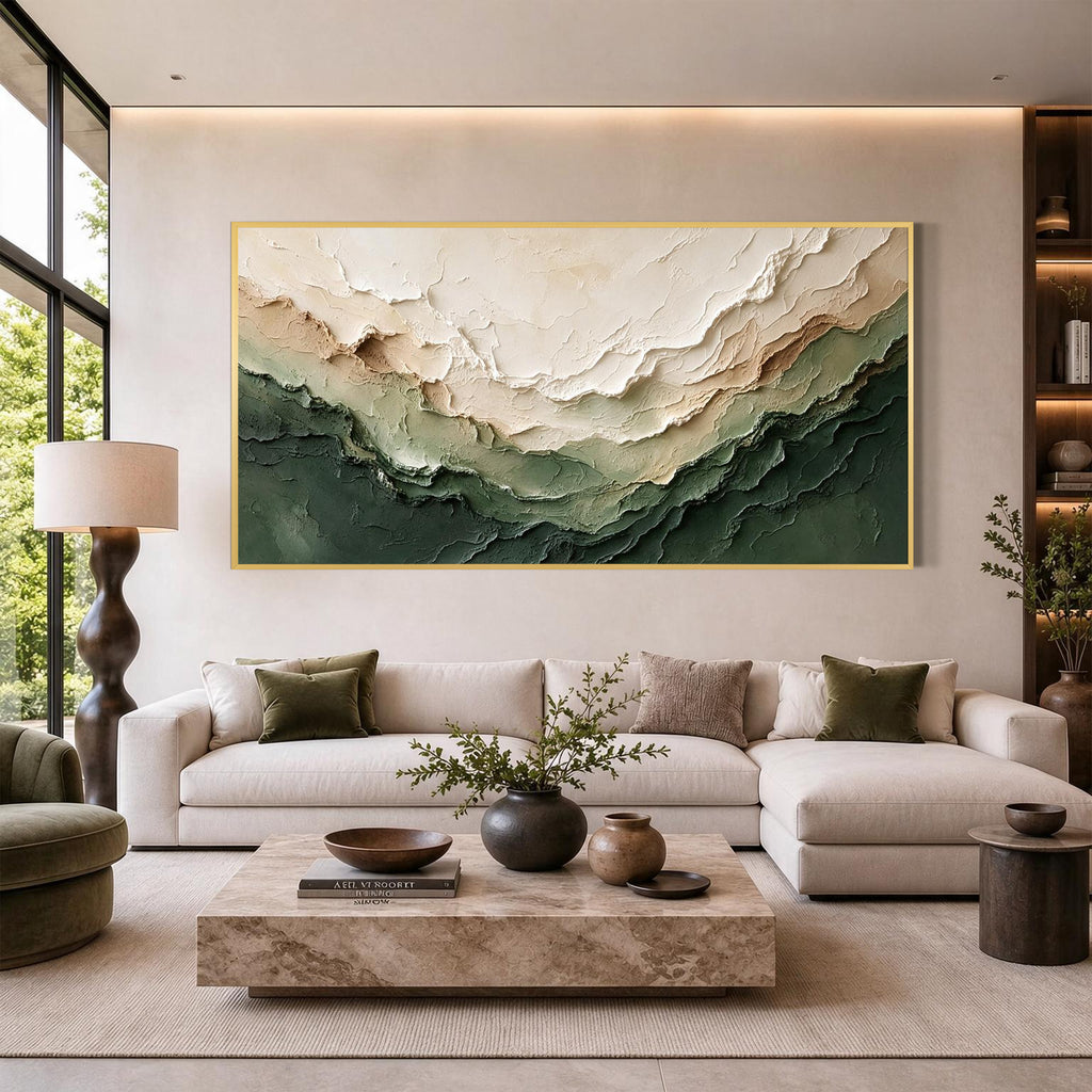 Abstraktes, strukturiertes Leinwandbild in Grün und Beige