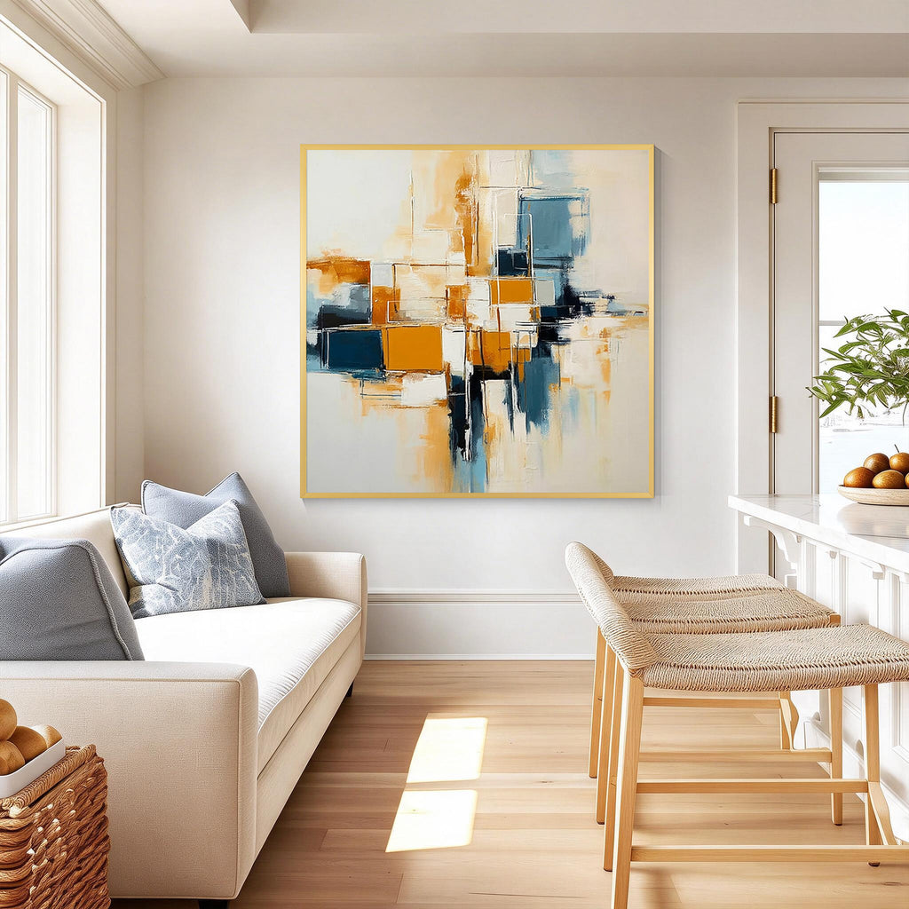 Abstract Geometric Oil Painting, Blue & Orange Modern Wall Art