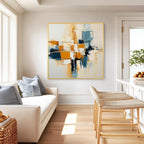 Abstract Geometric Oil Painting, Blue & Orange Modern Wall Art