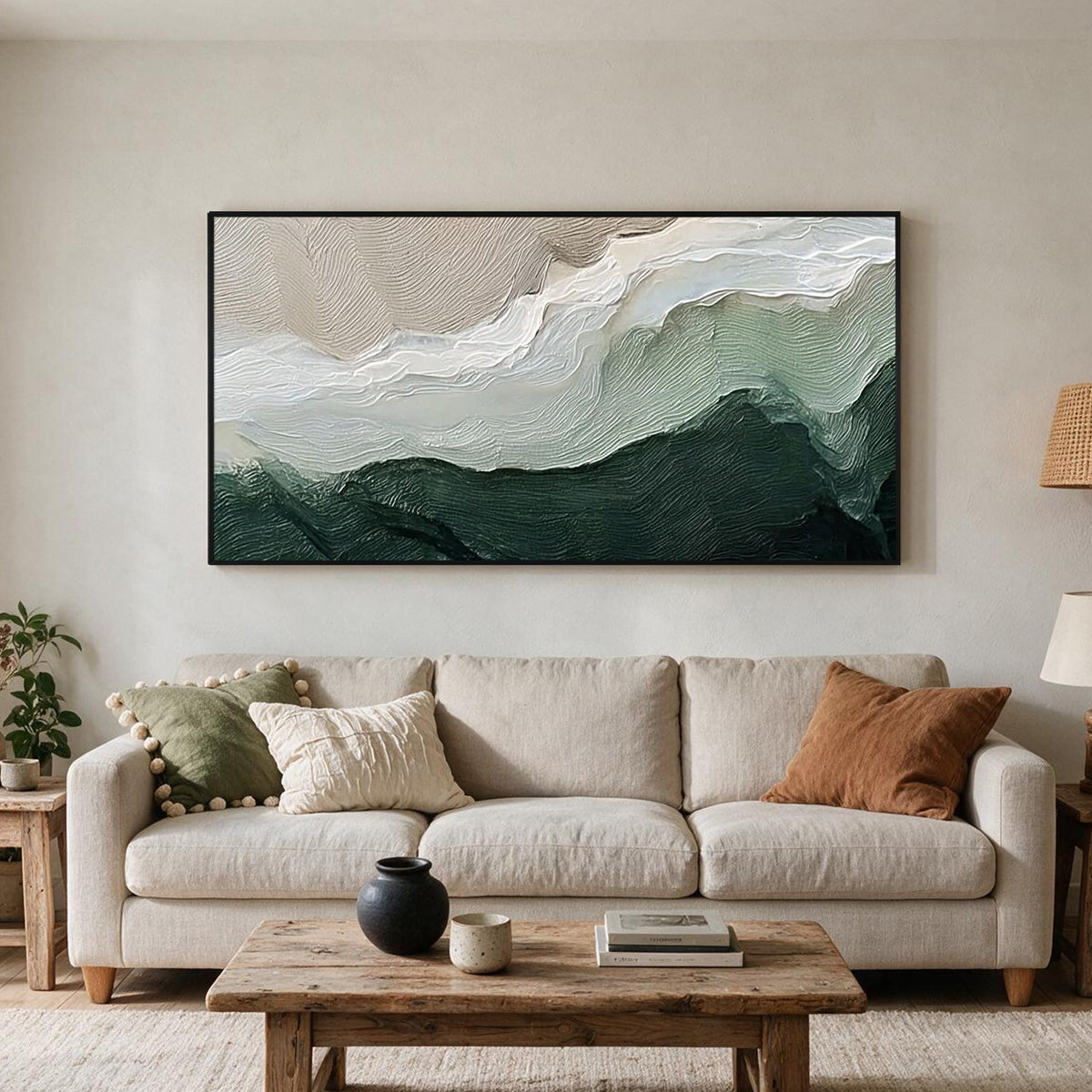 Green and White Textured Abstract Wall Art