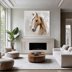 Abstract White Horse Oil Painting, Neutral Beige Textured Wall Art