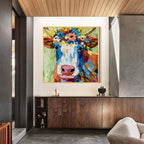 Colorful Floral Crown Cow Canvas Wall Art