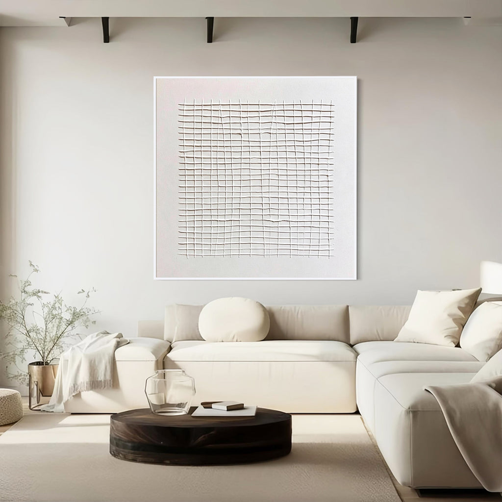 White Abstract Grid Textured Canvas Wall Art
