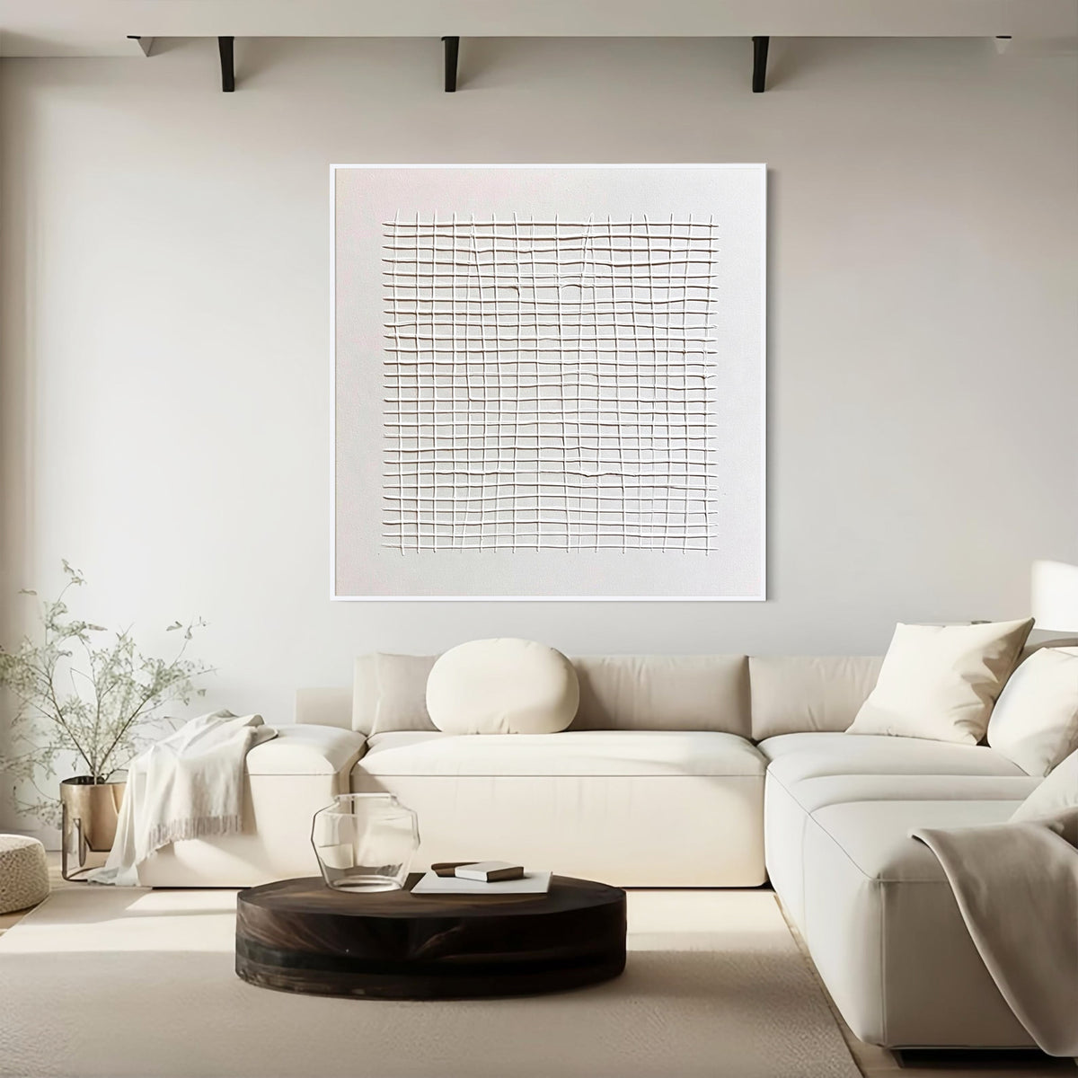 White Abstract Grid Textured Canvas Wall Art