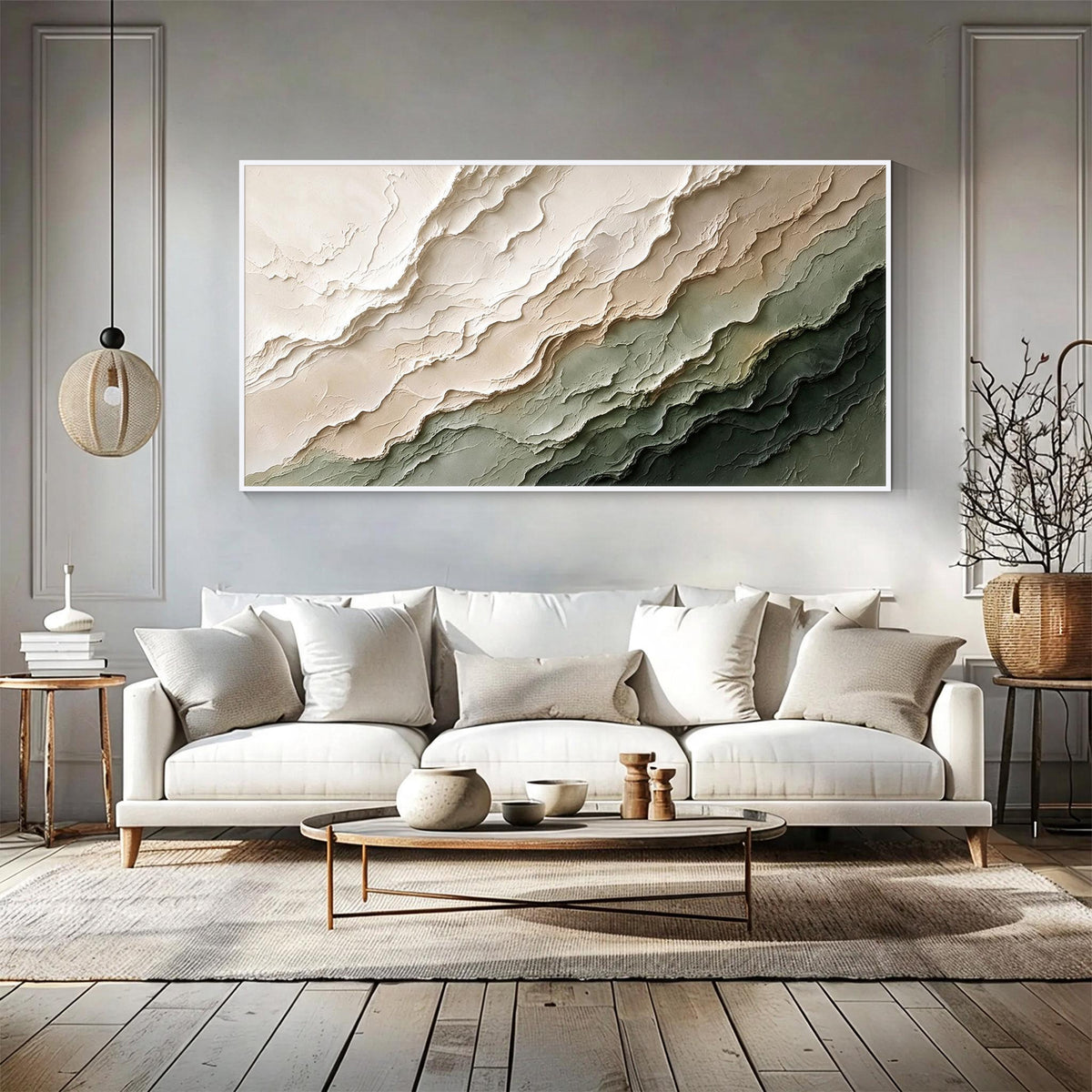 Modern Abstract Green and Beige Textured Canvas Wall Art