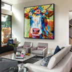 Colorful Floral Crown Cow Canvas Wall Art