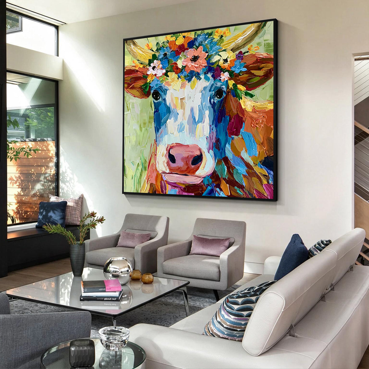 Colorful Floral Crown Cow Canvas Wall Art