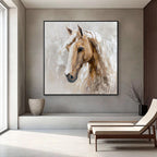 Abstract White Horse Oil Painting, Neutral Beige Textured Wall Art