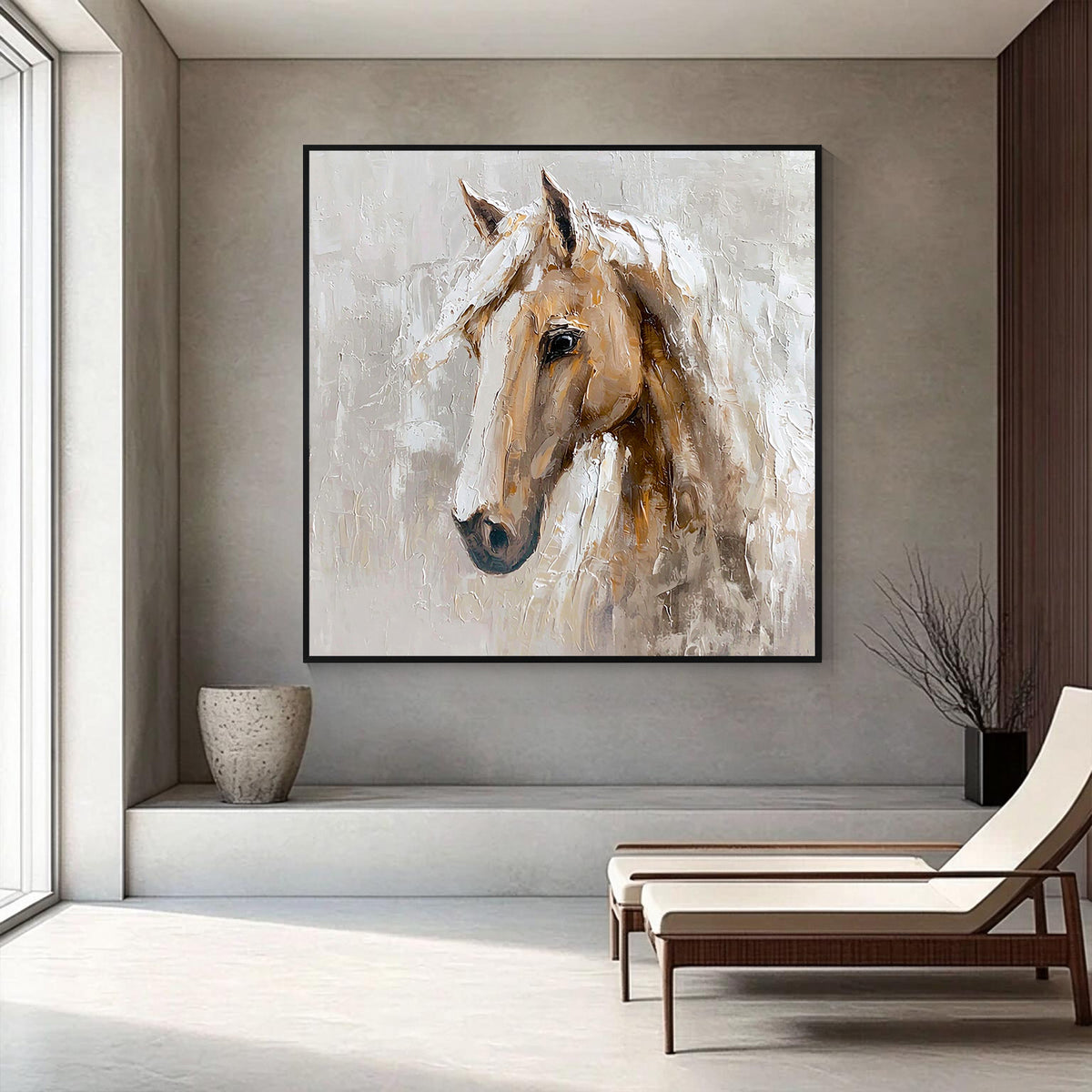 Abstract White Horse Oil Painting, Neutral Beige Textured Wall Art