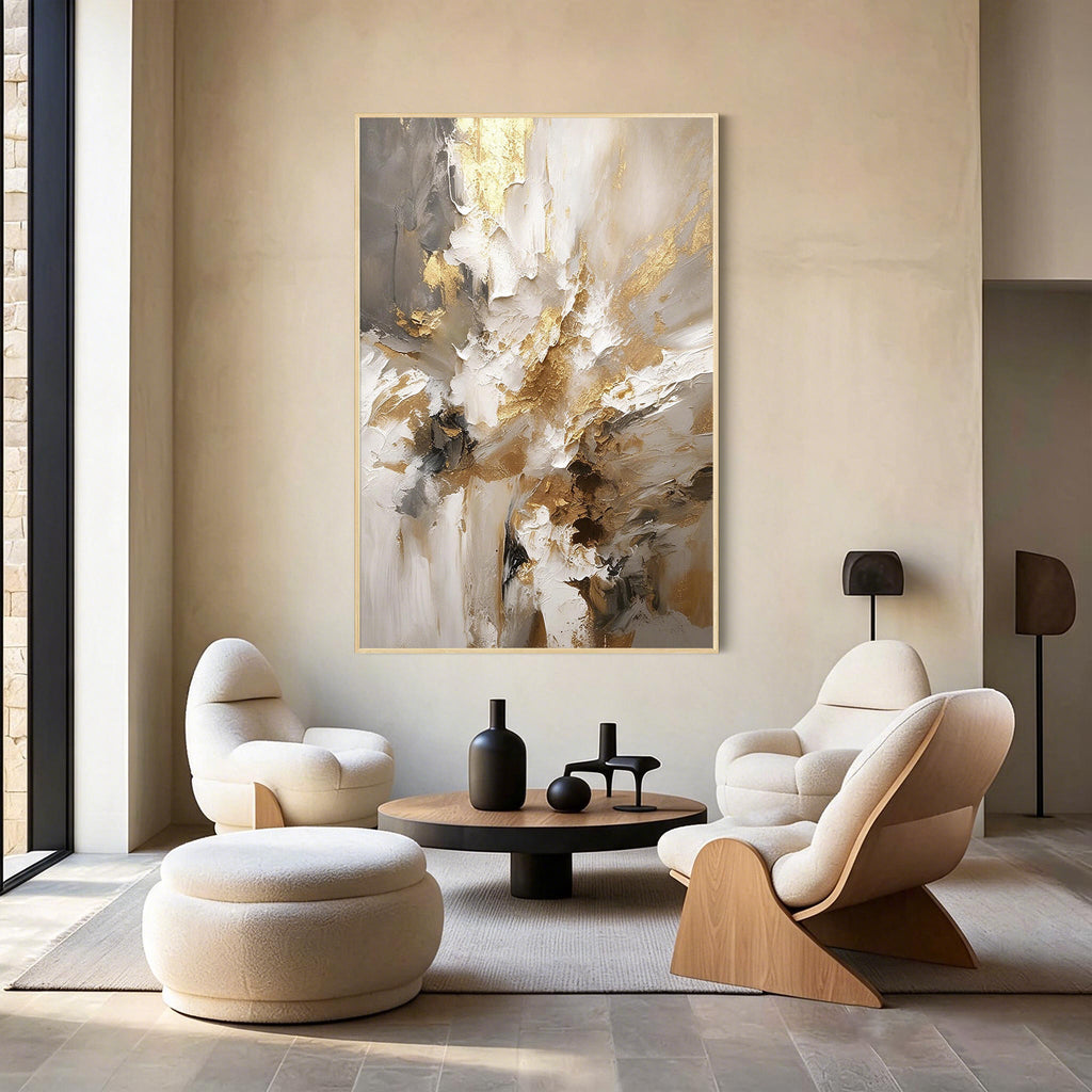 Gold Beige Textured Abstract Hand-Painted Oil Painting