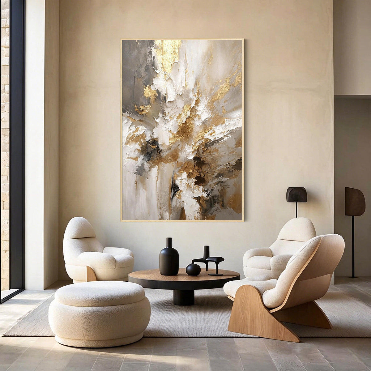 Gold Beige Textured Abstract Hand-Painted Oil Painting