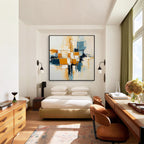 Abstract Geometric Oil Painting, Blue & Orange Modern Wall Art