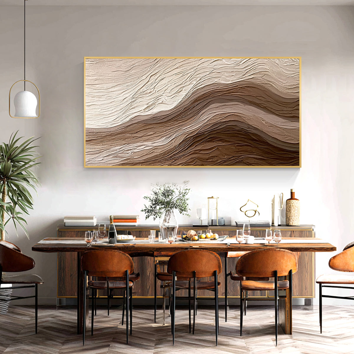 3D textured abstract wall art with beige and brown layered relief design displayed in a modern dining room, framed canvas artwork for contemporary home decor