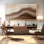 Large 3D textured abstract wall art with beige and brown layered relief design displayed in a modern office interior, framed canvas artwork for luxury home and workspace decor