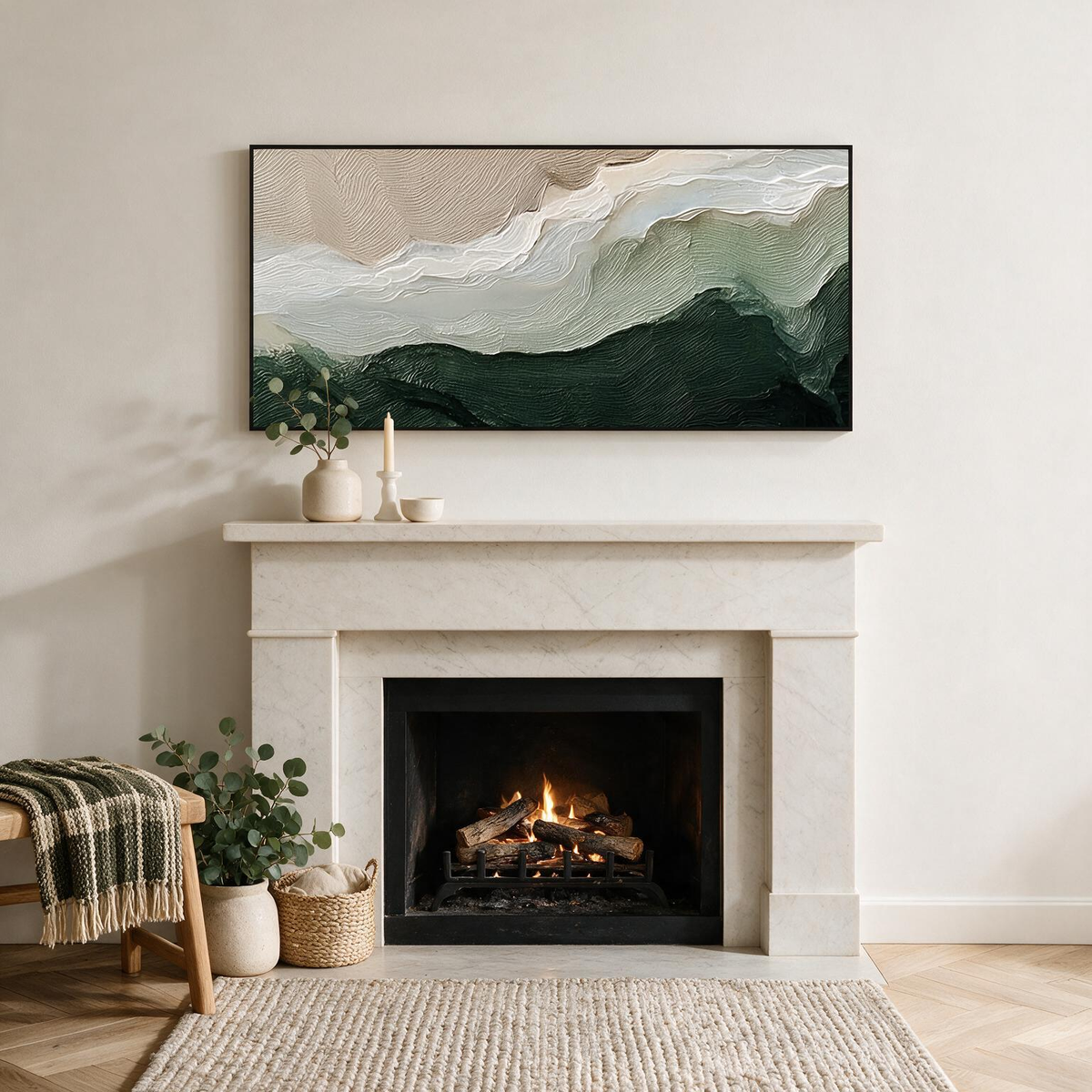 Green and White Textured Abstract Wall Art