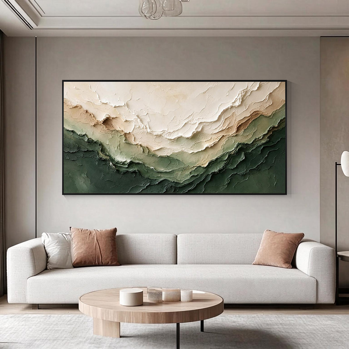 Abstraktes, strukturiertes Leinwandbild in Grün und Beige
