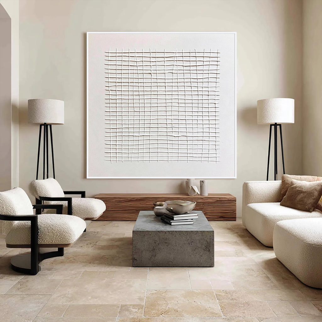 White Abstract Grid Textured Canvas Wall Art
