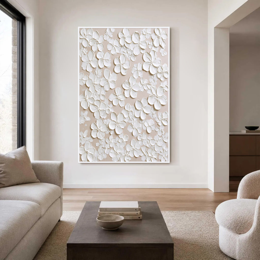 3D White Floral Textured Wall Art