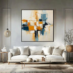 Abstract Geometric Oil Painting, Blue & Orange Modern Wall Art