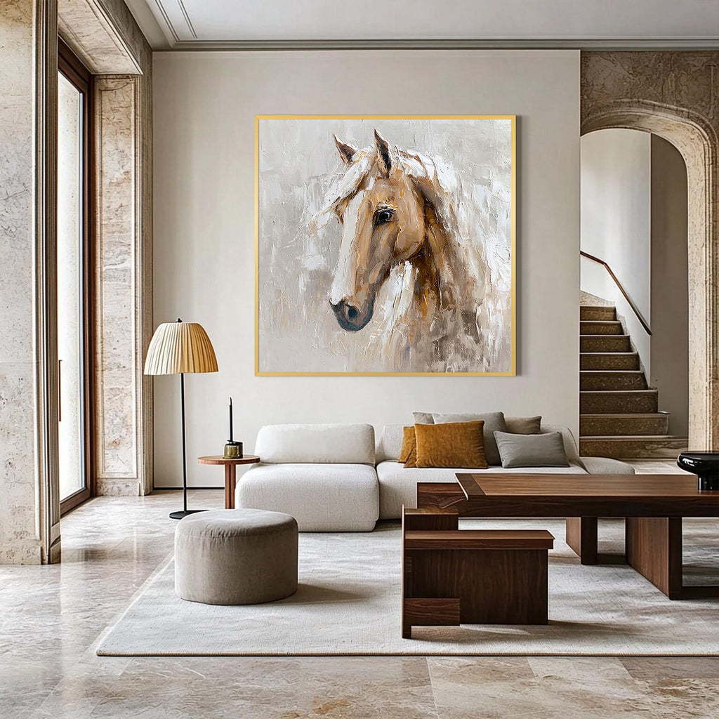 Abstract White Horse Oil Painting, Neutral Beige Textured Wall Art