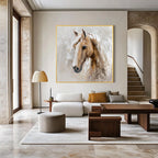 Abstract White Horse Oil Painting, Neutral Beige Textured Wall Art