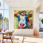 Colorful Floral Crown Cow Canvas Wall Art