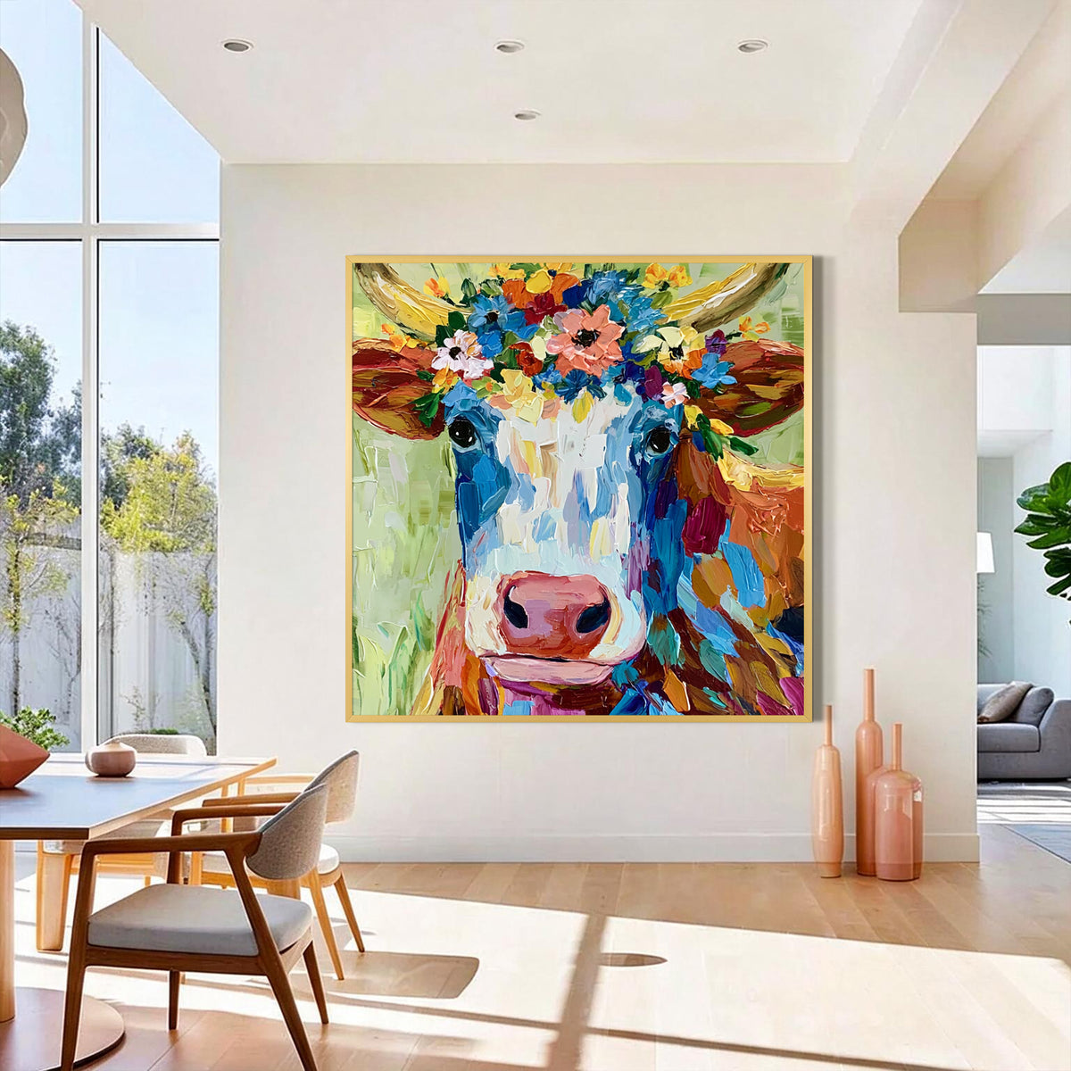 Colorful Floral Crown Cow Canvas Wall Art