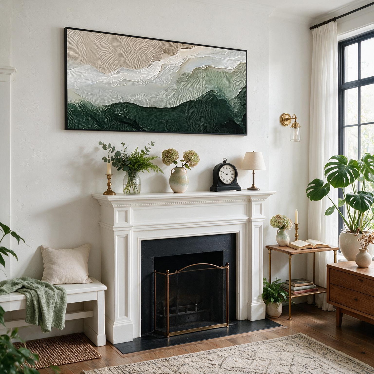 Green and White Textured Abstract Wall Art