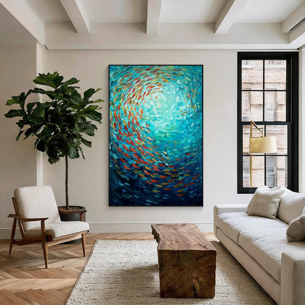 Abstrakte Ozean-Wandkunst mit buntem Fischschwarm