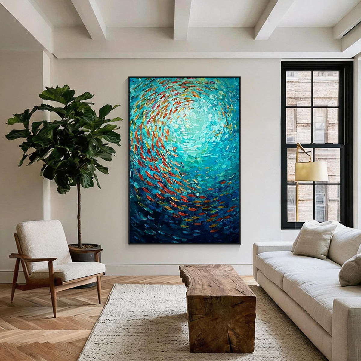 Abstrakte Ozean-Wandkunst mit buntem Fischschwarm