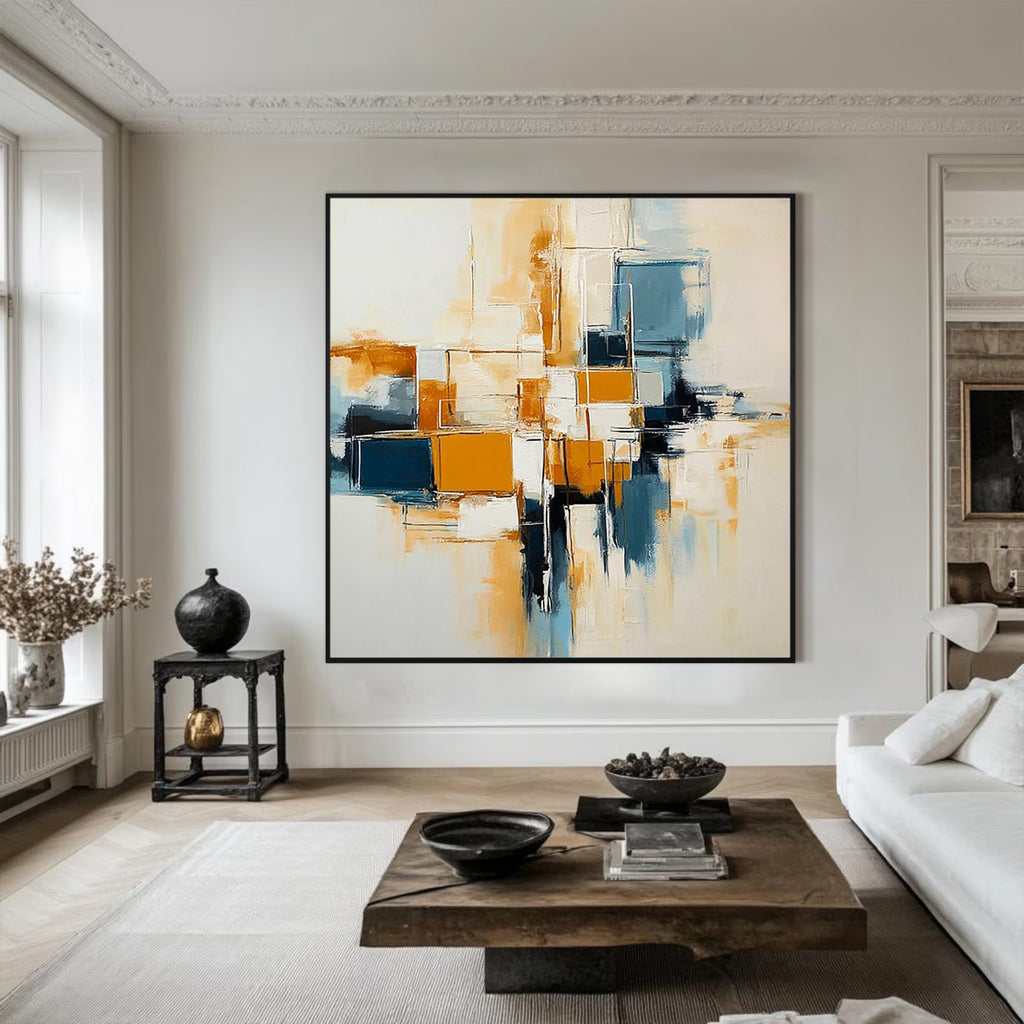 Abstract Geometric Oil Painting, Blue & Orange Modern Wall Art