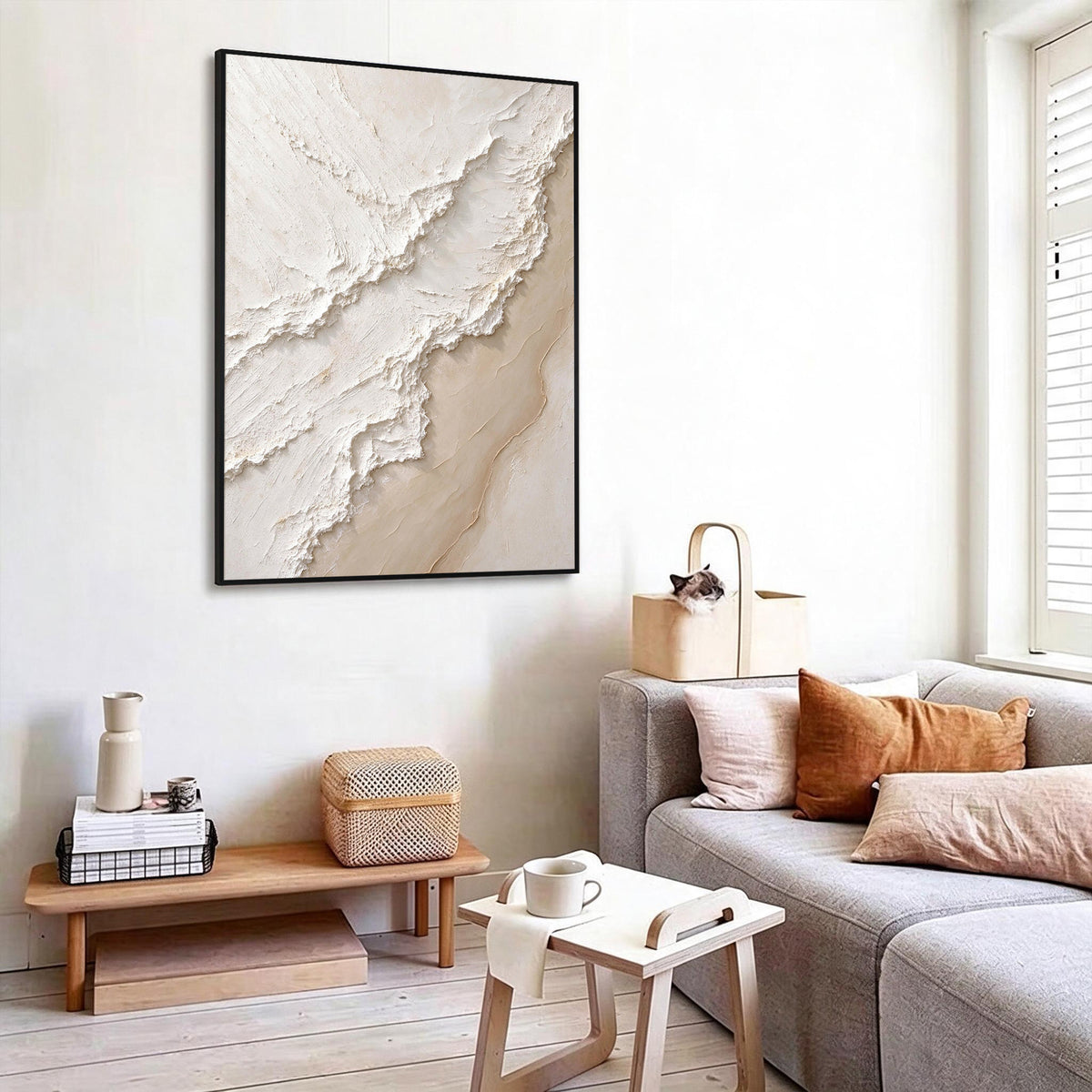 White Beige Abstract Textured Canvas Wall Art