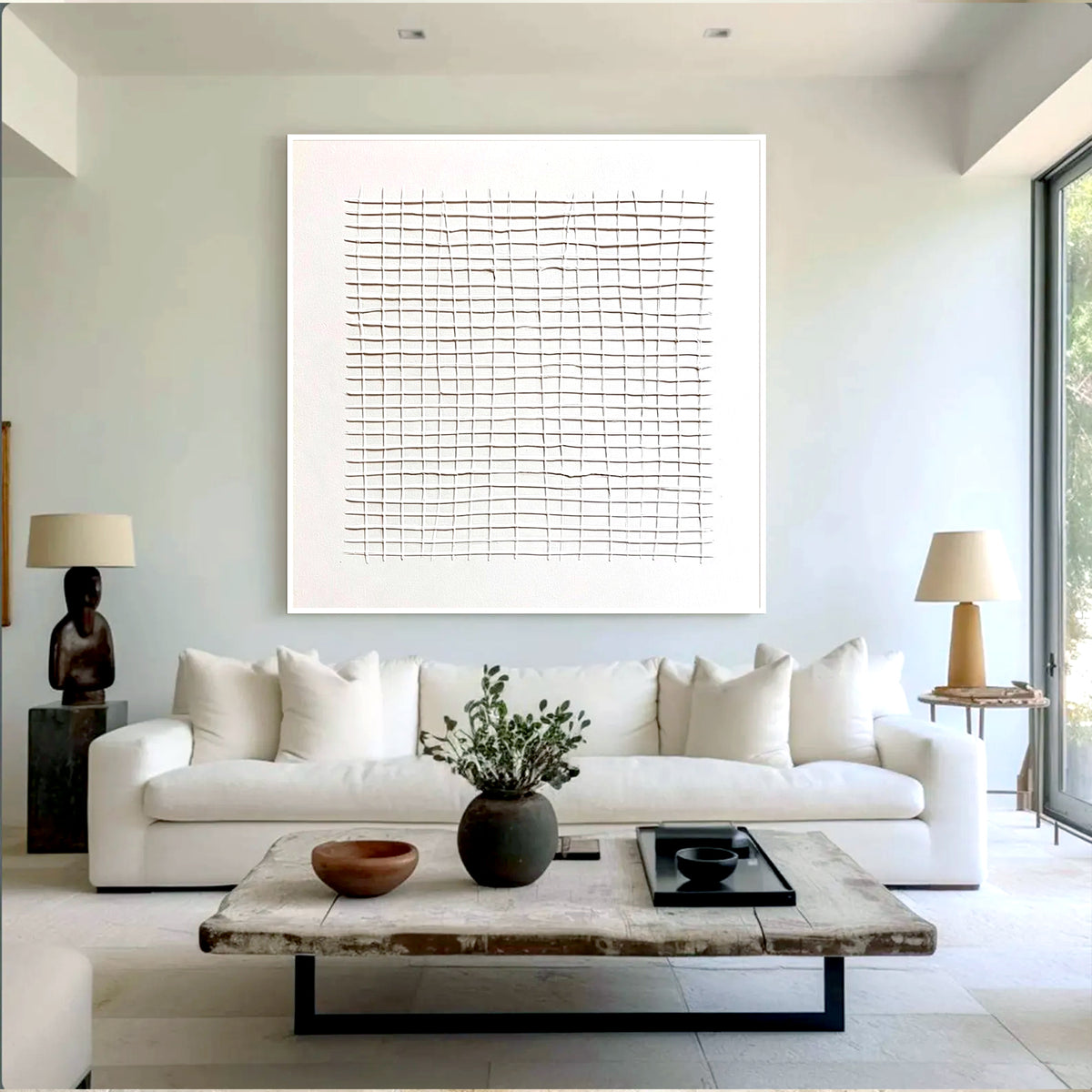 White Abstract Grid Textured Canvas Wall Art