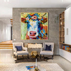 Colorful Floral Crown Cow Canvas Wall Art