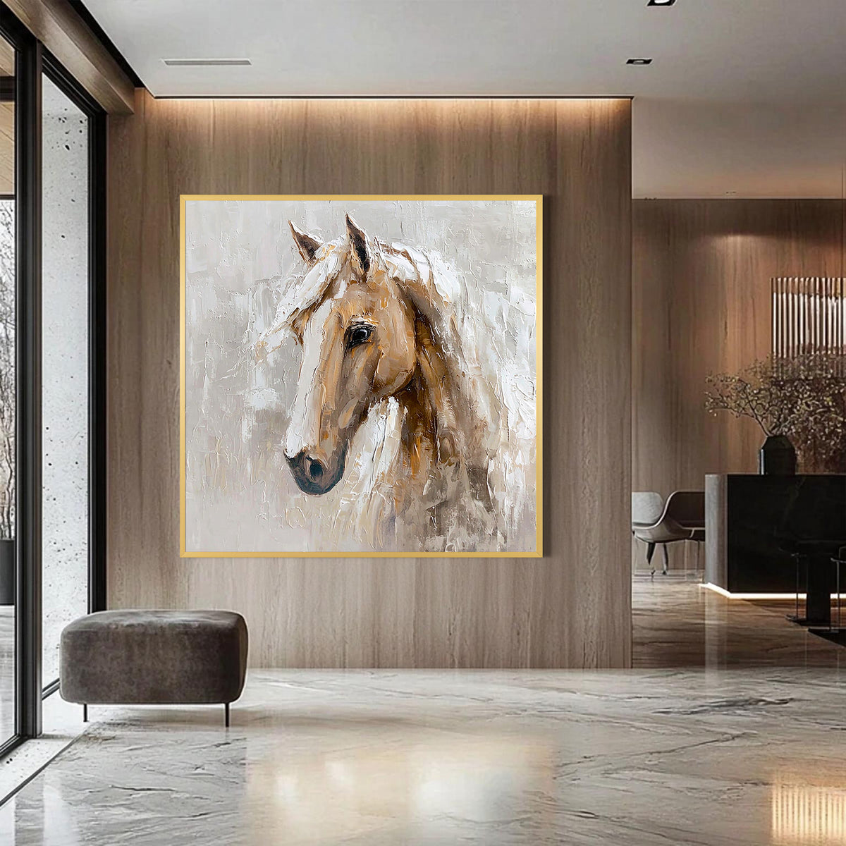 Abstract White Horse Oil Painting, Neutral Beige Textured Wall Art