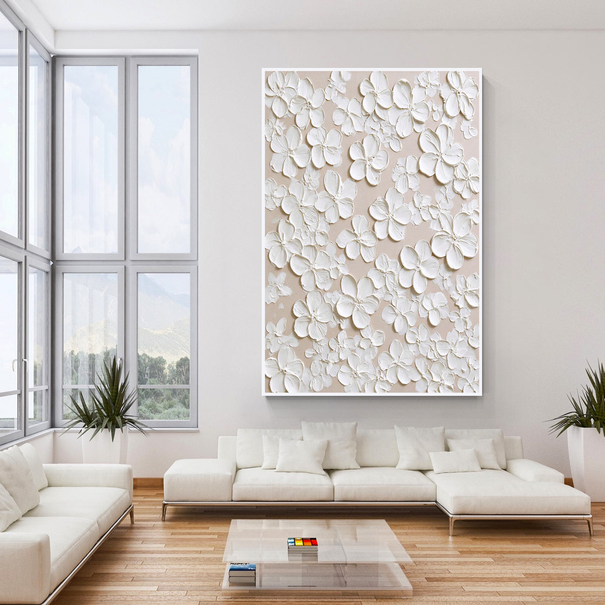 3D White Floral Textured Wall Art