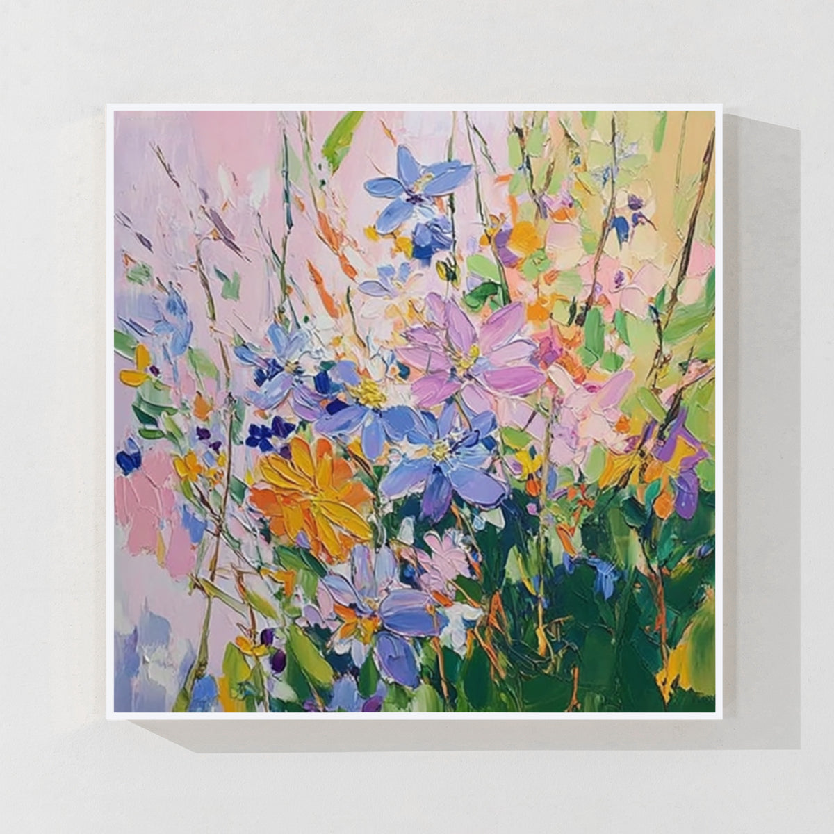 Colorful floral abstract painting with white frame displayed as modern wall art for home decor