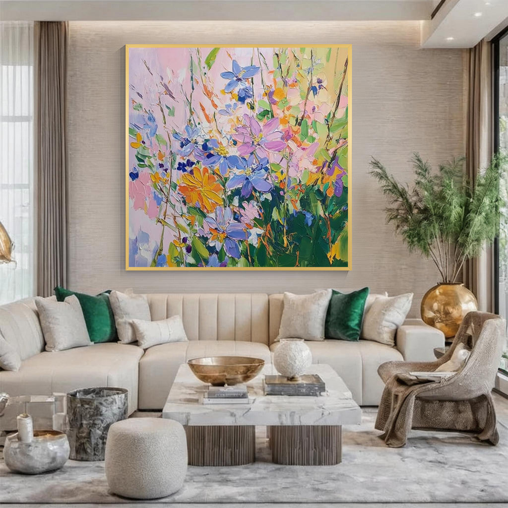 Modern colorful floral canvas painting with gold frame displayed above a sofa in an elegant living room