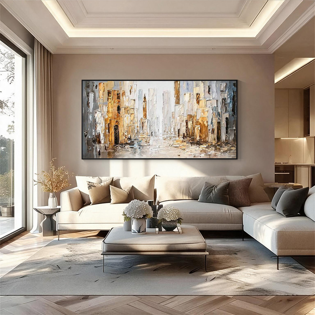 Abstract cityscape wall art with black frame displayed above a sectional sofa in a modern living room