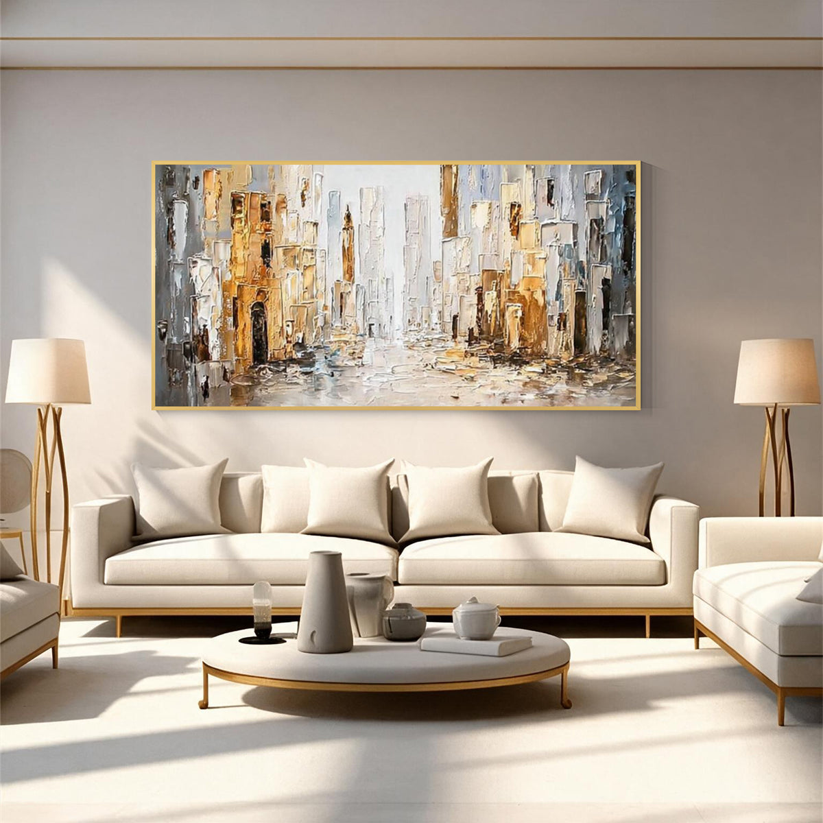 Abstract cityscape wall art with gold frame displayed above a sofa in a modern living room