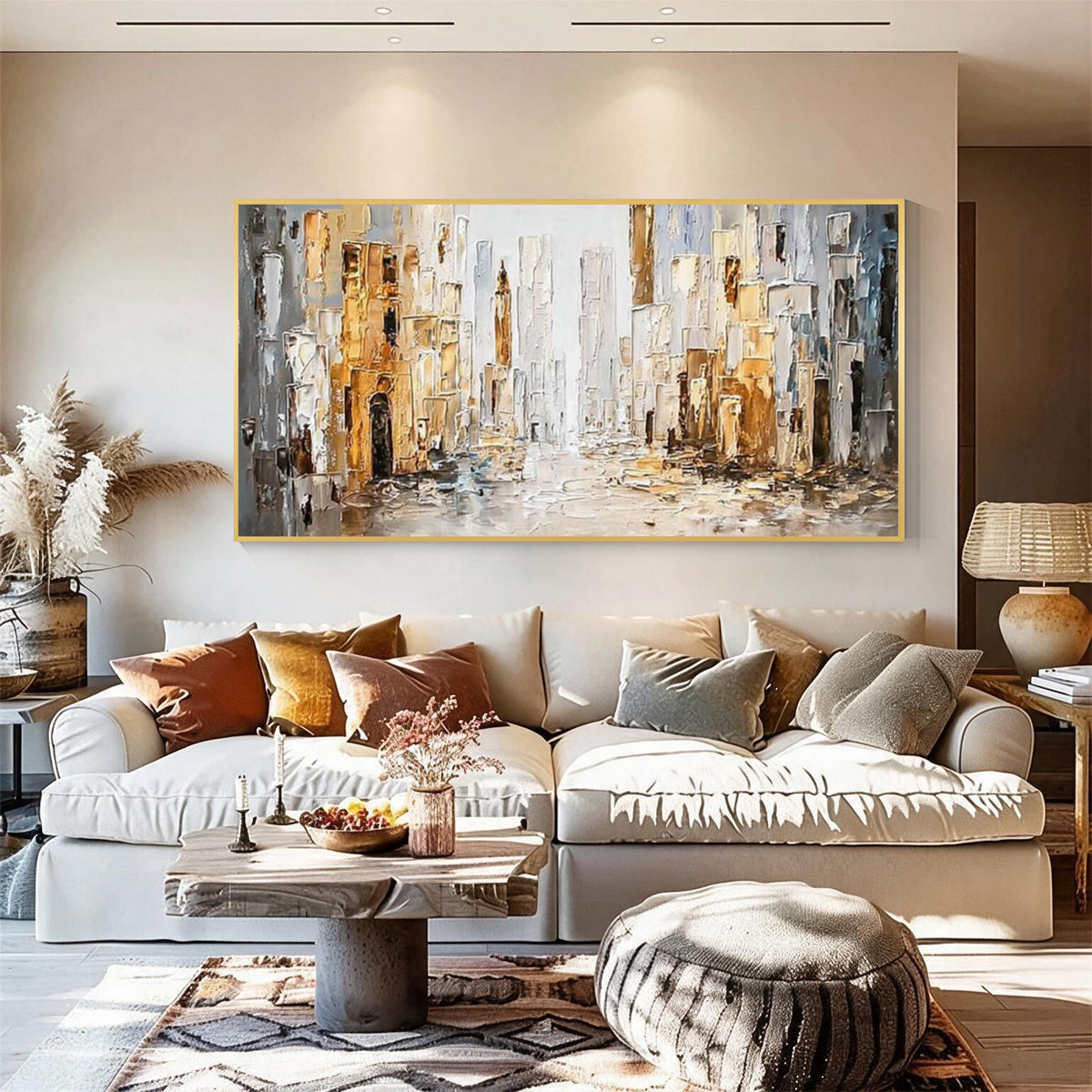 Abstract cityscape wall art with gold frame displayed above a sofa in a modern living room